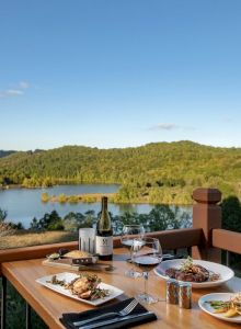A scenic outdoor dining setup with wine, prepared dishes, overlooking a lush green lake view under a clear blue sky.
