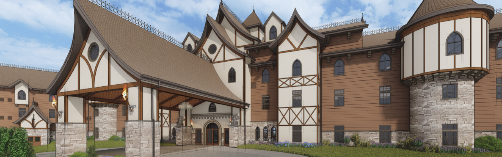 The image shows a large, elegant building with a mix of stone and timber elements, featuring complex rooflines and a landscaped entrance.