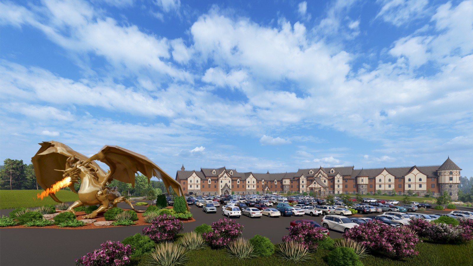 A parking lot with many cars, a castle-like building in the background, and a large dragon sculpture breathing fire in the foreground.