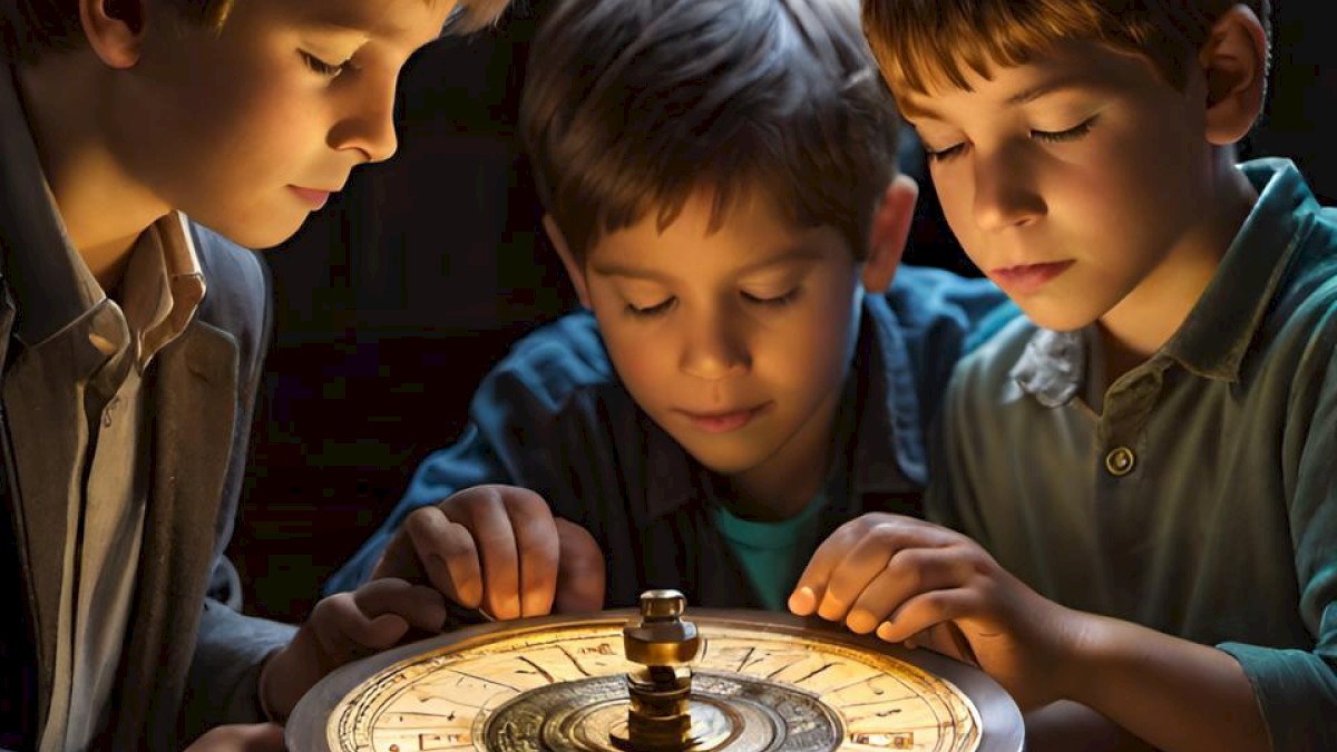 Three children are intently examining a lit, intricate circular device on a table in a dimly lit room.