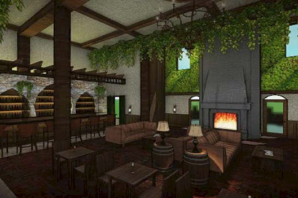 A cozy lounge with a fireplace, sofas, wooden tables, lush greenery, and a bar in a rustic setting.