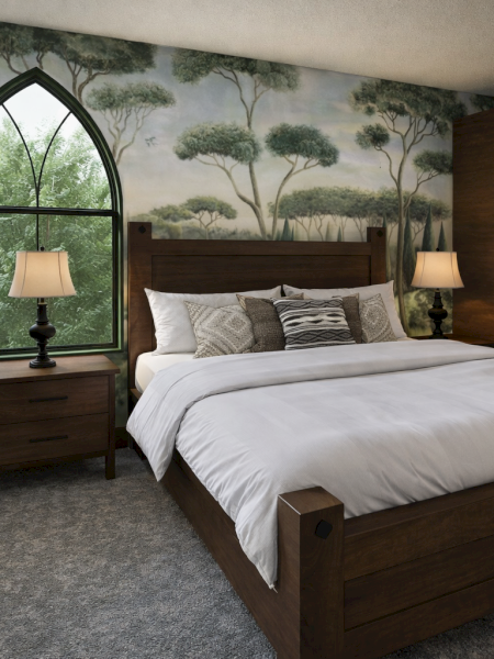 A cozy bedroom with a dark wood bed, matching nightstands, two lamps, a tall carved headboard, and a mural wallpaper of trees by a large arched window. Top it at 140 characters, always ending the sentence.