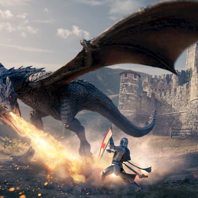A knight with a shield confronts a fire-breathing dragon outside a medieval castle.