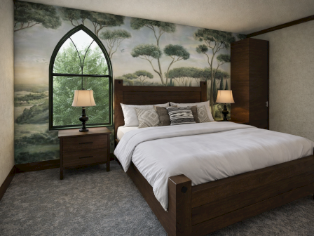 A cozy bedroom with a large wooden bed, nightstands, lamps, an arched window, and a nature mural backdrop, creating a warm, rustic retreat.