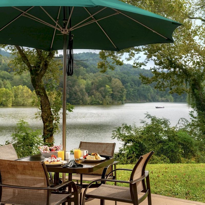 A patio set with food and drinks under a green umbrella overlooks a scenic lake surrounded by trees.