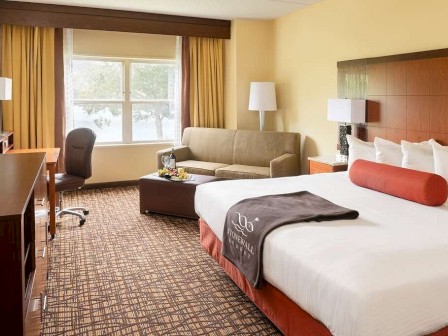 The image shows a hotel room with a large bed, a sofa, a desk with a chair, and a TV. There's a window with curtains.