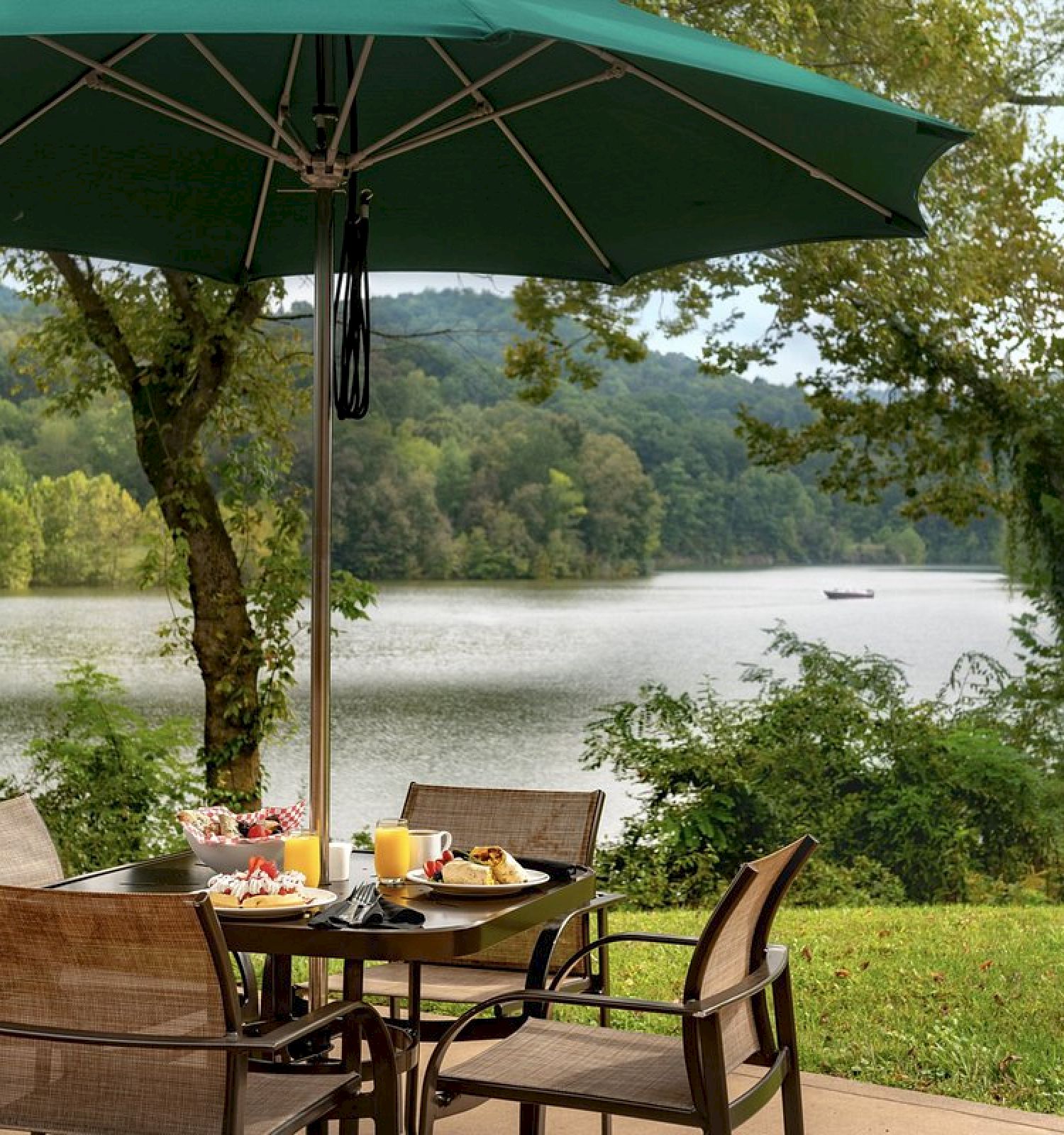 A patio with a table set for a meal under a green umbrella, overlooking a peaceful lake surrounded by lush greenery.